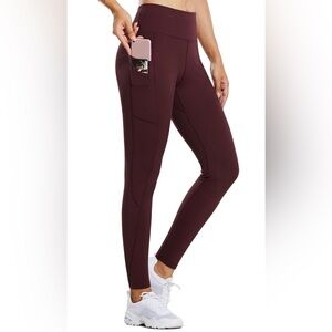 Fleece Lined Dark Red Leggings with Pockets, Size Medium